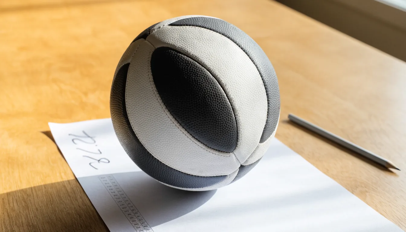 Un pallone da calcio appoggiato su una schedina bianca su un tavolo di legno, alla luce del giorno