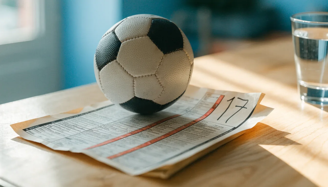 Un pallone da calcio appoggiato su una schedina bianca su un tavolo di legno, alla luce del giorno