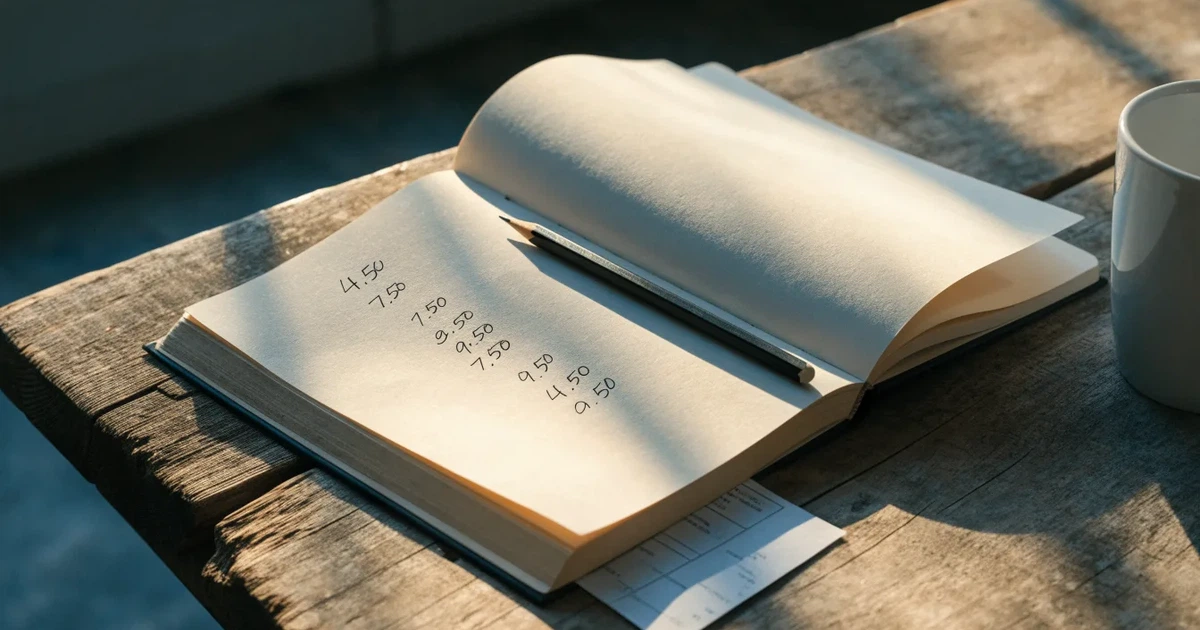 Un quaderno aperto con quote scritte a mano, una calcolatrice e una matita su un tavolo di legno