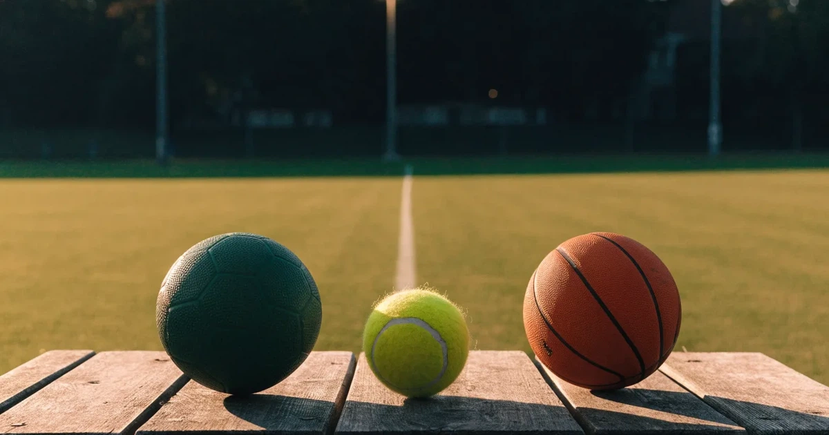 Tre palloni di sport diversi allineati uno accanto all'altro su una panca di legno