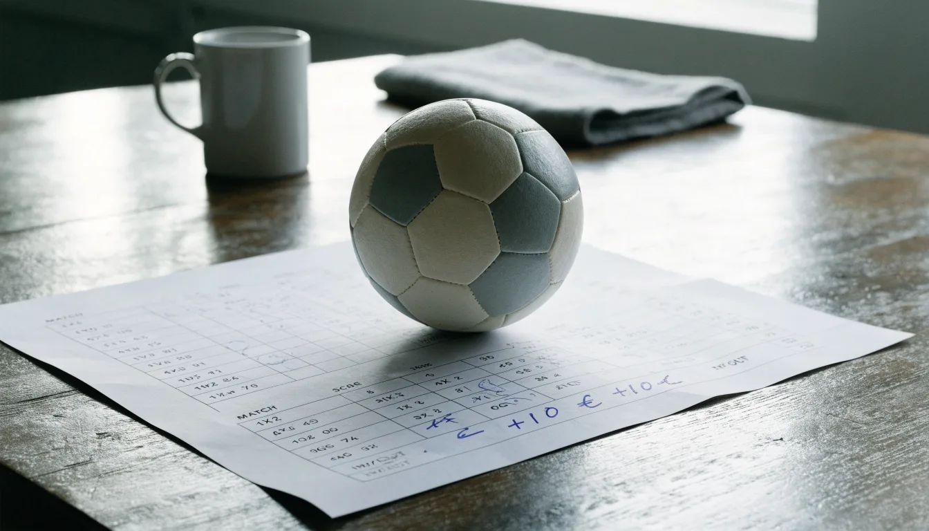 Un pallone da calcio appoggiato su una schedina bianca su un tavolo di legno, alla luce del giorno