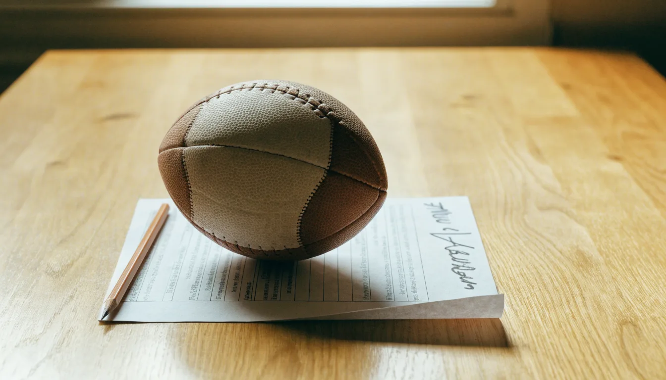 Un pallone da calcio appoggiato su una schedina bianca su un tavolo di legno, alla luce del giorno