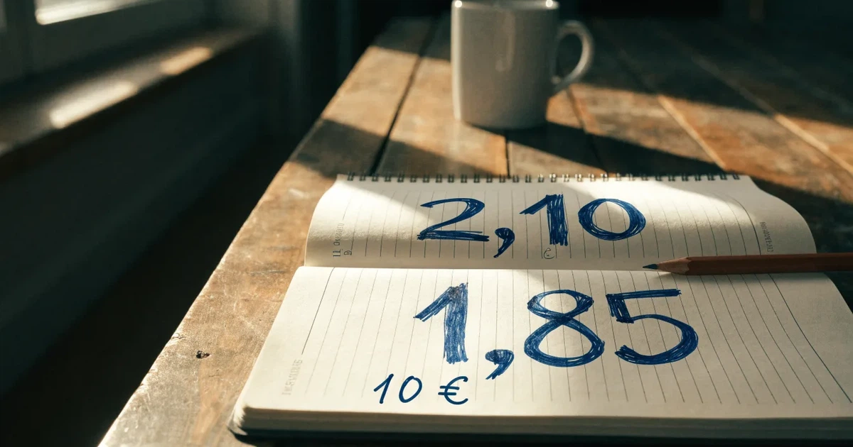 Un quaderno aperto con quote scritte a mano, una calcolatrice e una matita su un tavolo di legno