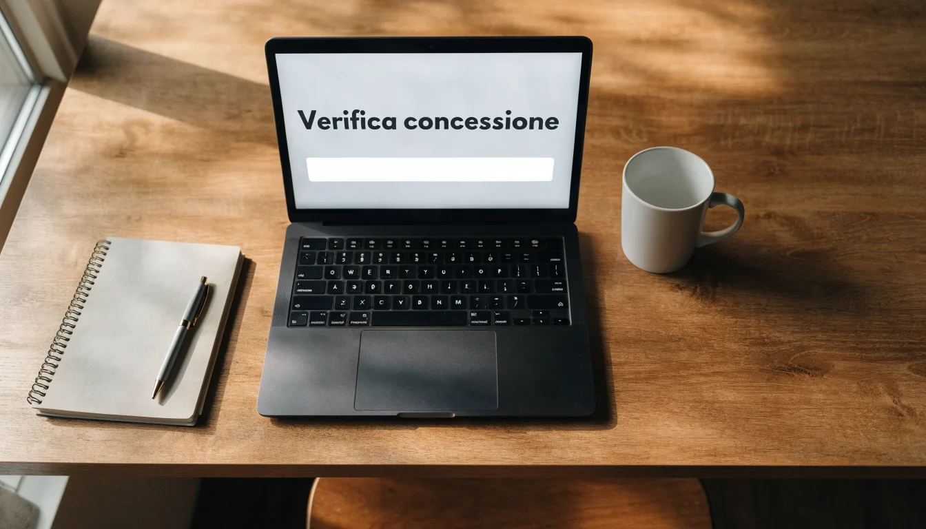 Un foglio di concessione in carta con un timbro rosso, appoggiato su una scrivania di legno accanto a una penna