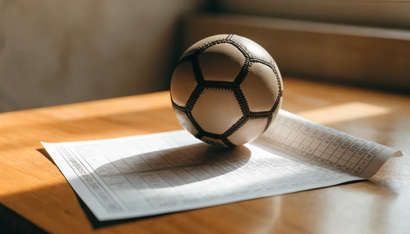 Un pallone da calcio appoggiato su una schedina bianca su un tavolo di legno, alla luce del giorno