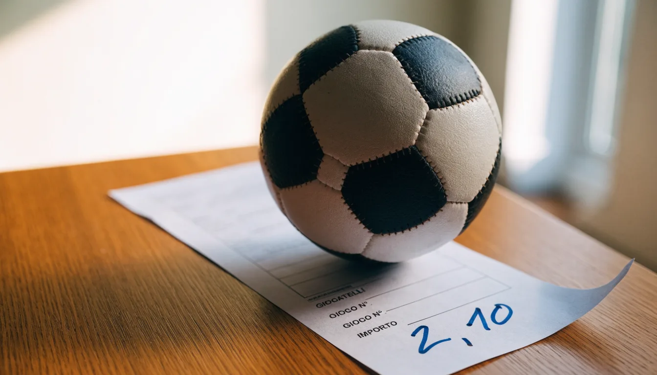 Un pallone da calcio appoggiato su una schedina bianca su un tavolo di legno, alla luce del giorno