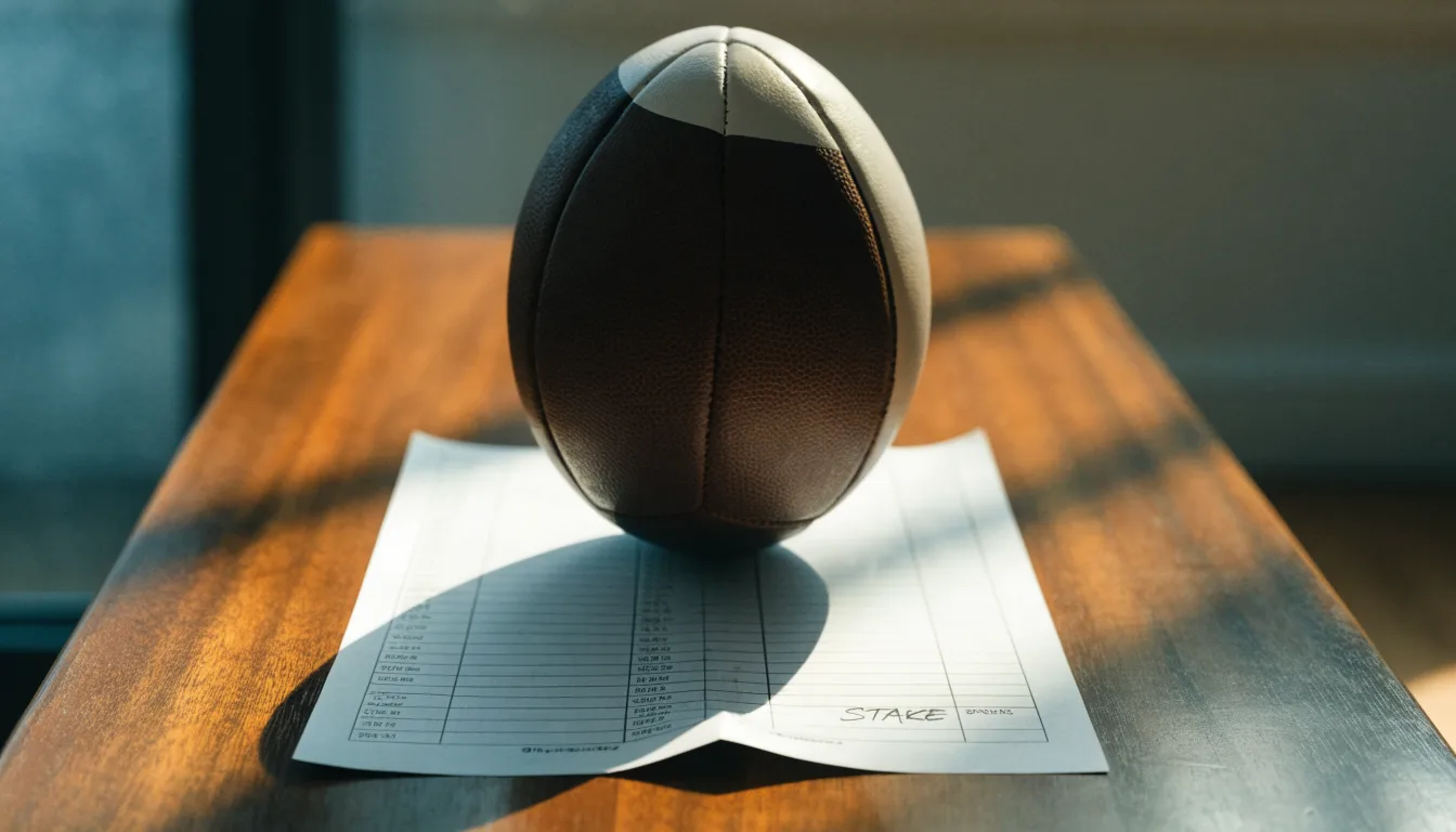 Un pallone da calcio appoggiato su una schedina bianca su un tavolo di legno, alla luce del giorno