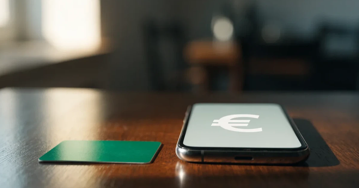 Uno smartphone e una carta di pagamento affiancati su un tavolo di legno, con alcune banconote da euro accanto