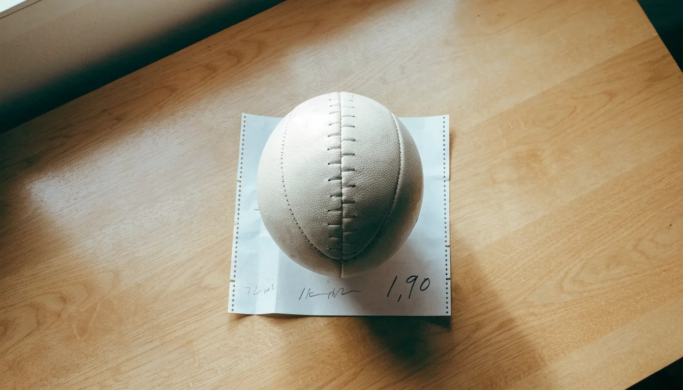 Un pallone da calcio appoggiato su una schedina bianca su un tavolo di legno, alla luce del giorno
