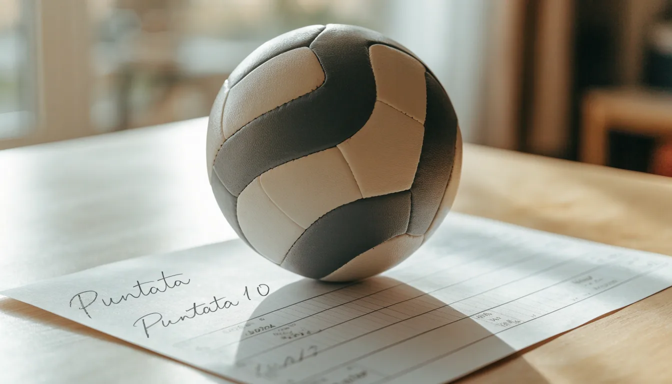 Un pallone da calcio appoggiato su una schedina bianca su un tavolo di legno, alla luce del giorno