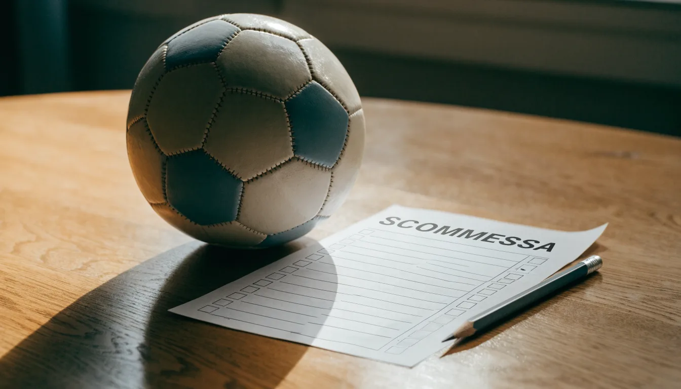 Un pallone da calcio appoggiato su una schedina bianca su un tavolo di legno, alla luce del giorno