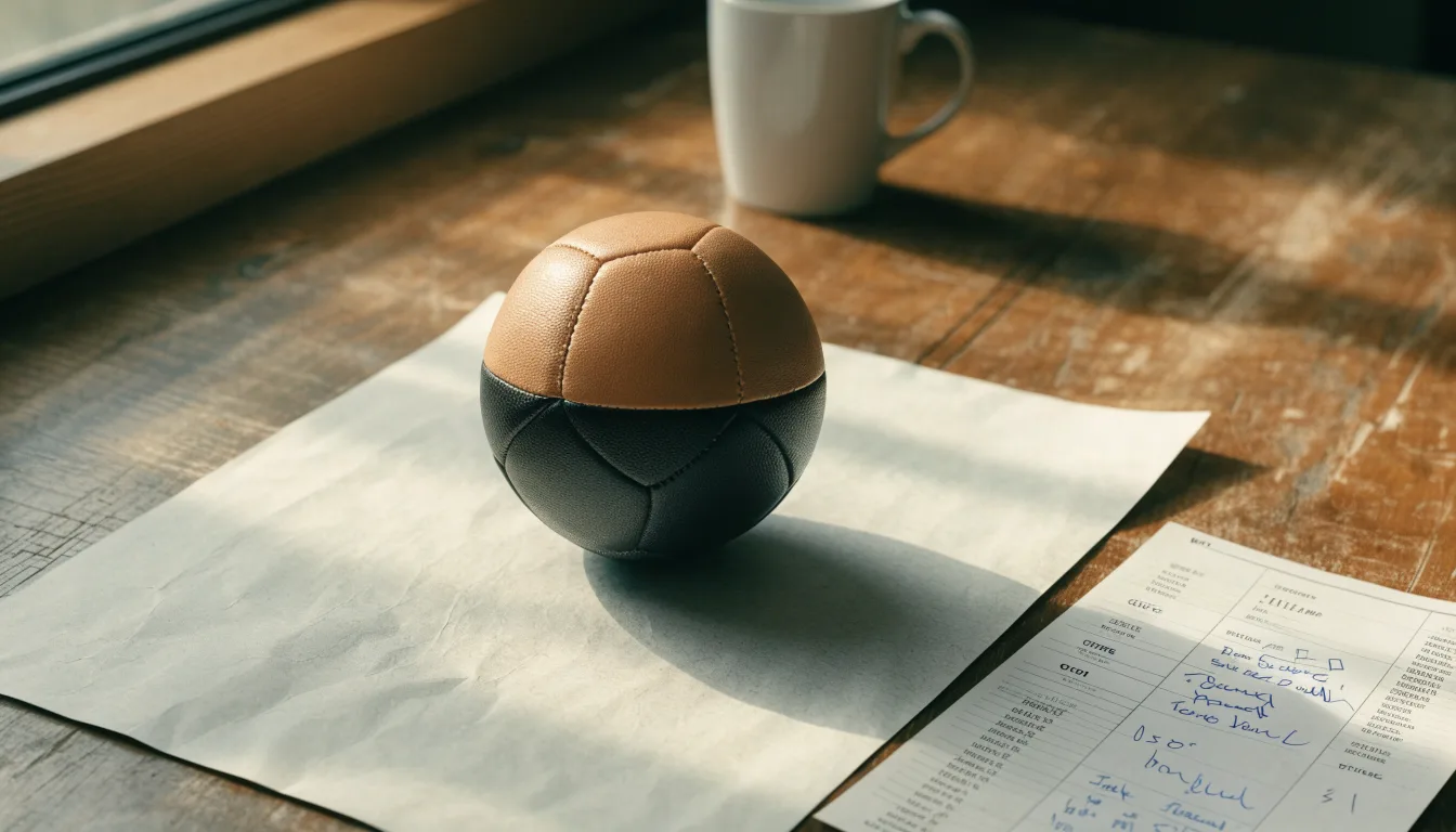 Un pallone da calcio appoggiato su una schedina bianca su un tavolo di legno, alla luce del giorno