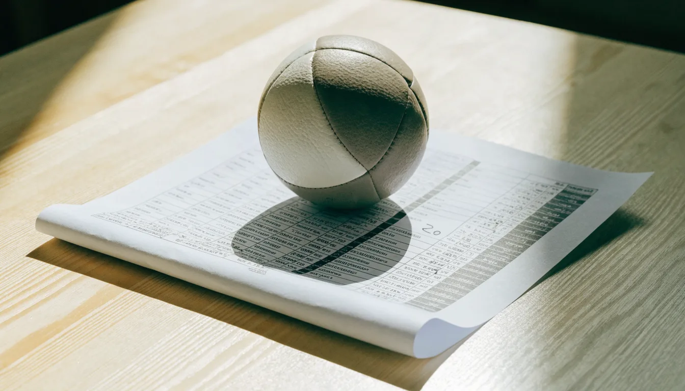 Un pallone da calcio appoggiato su una schedina bianca su un tavolo di legno, alla luce del giorno