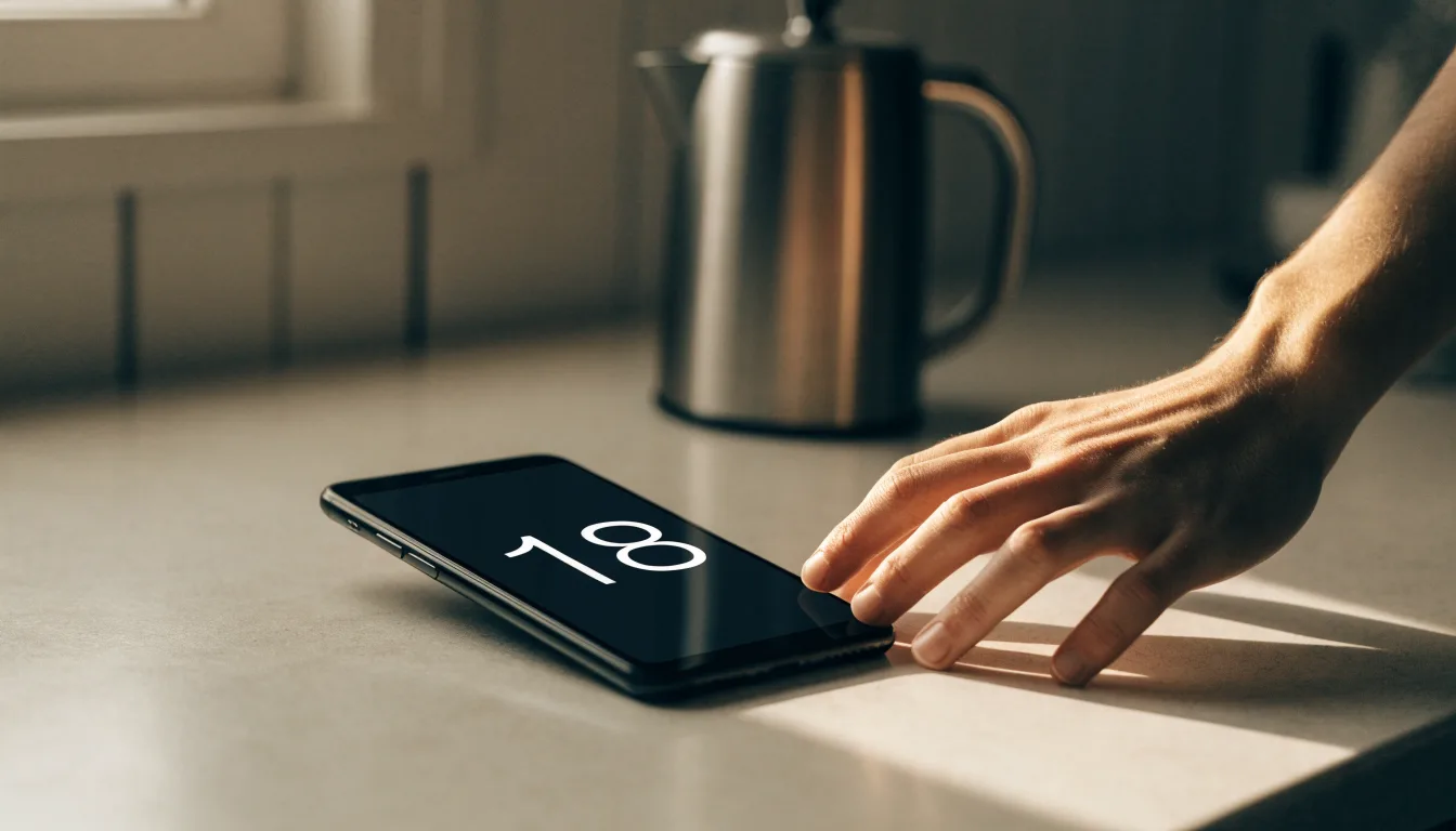 Un documento di identità appoggiato accanto a uno smartphone con un timer sullo schermo, su un tavolo da cucina