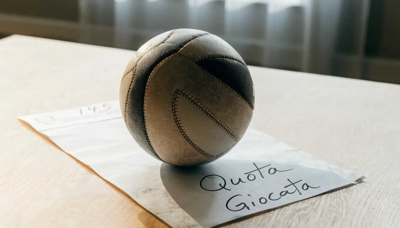 Un pallone da calcio appoggiato su una schedina bianca su un tavolo di legno, alla luce del giorno
