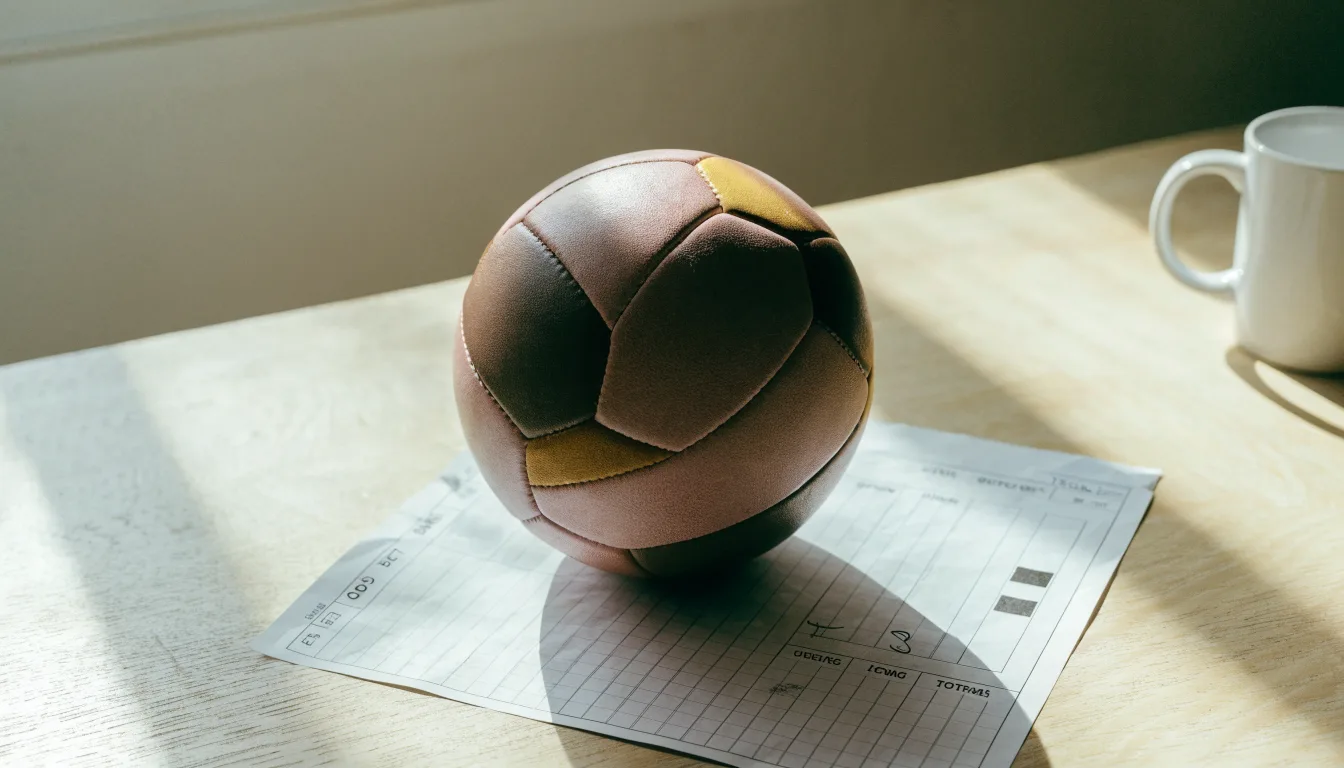 Un pallone da calcio appoggiato su una schedina bianca su un tavolo di legno, alla luce del giorno
