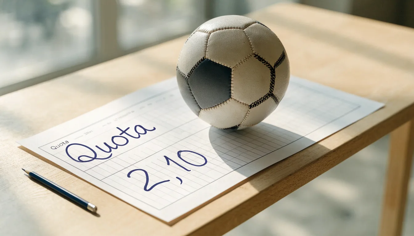 Un pallone da calcio appoggiato su una schedina bianca su un tavolo di legno, alla luce del giorno