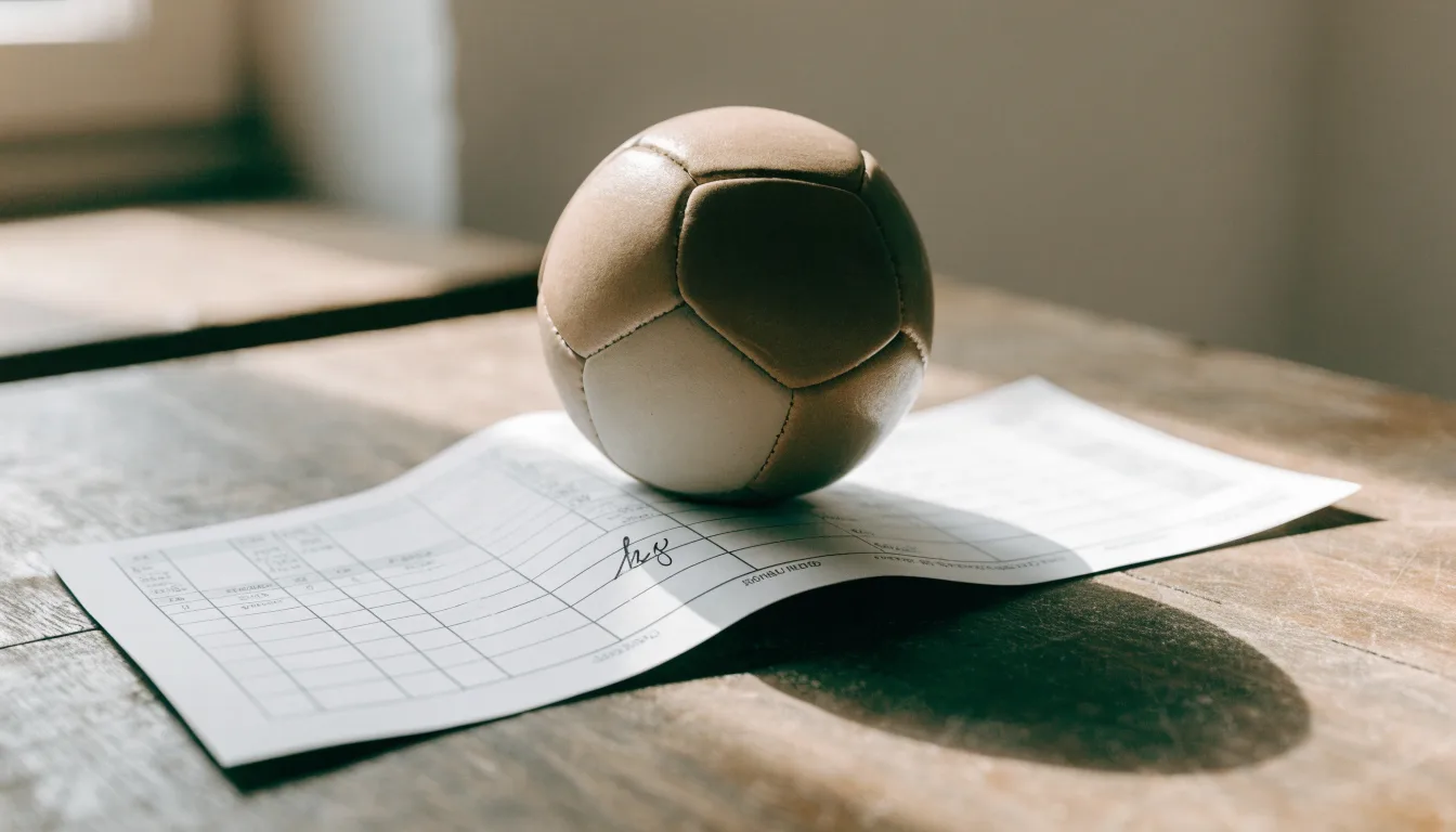 Un pallone da calcio appoggiato su una schedina bianca su un tavolo di legno, alla luce del giorno