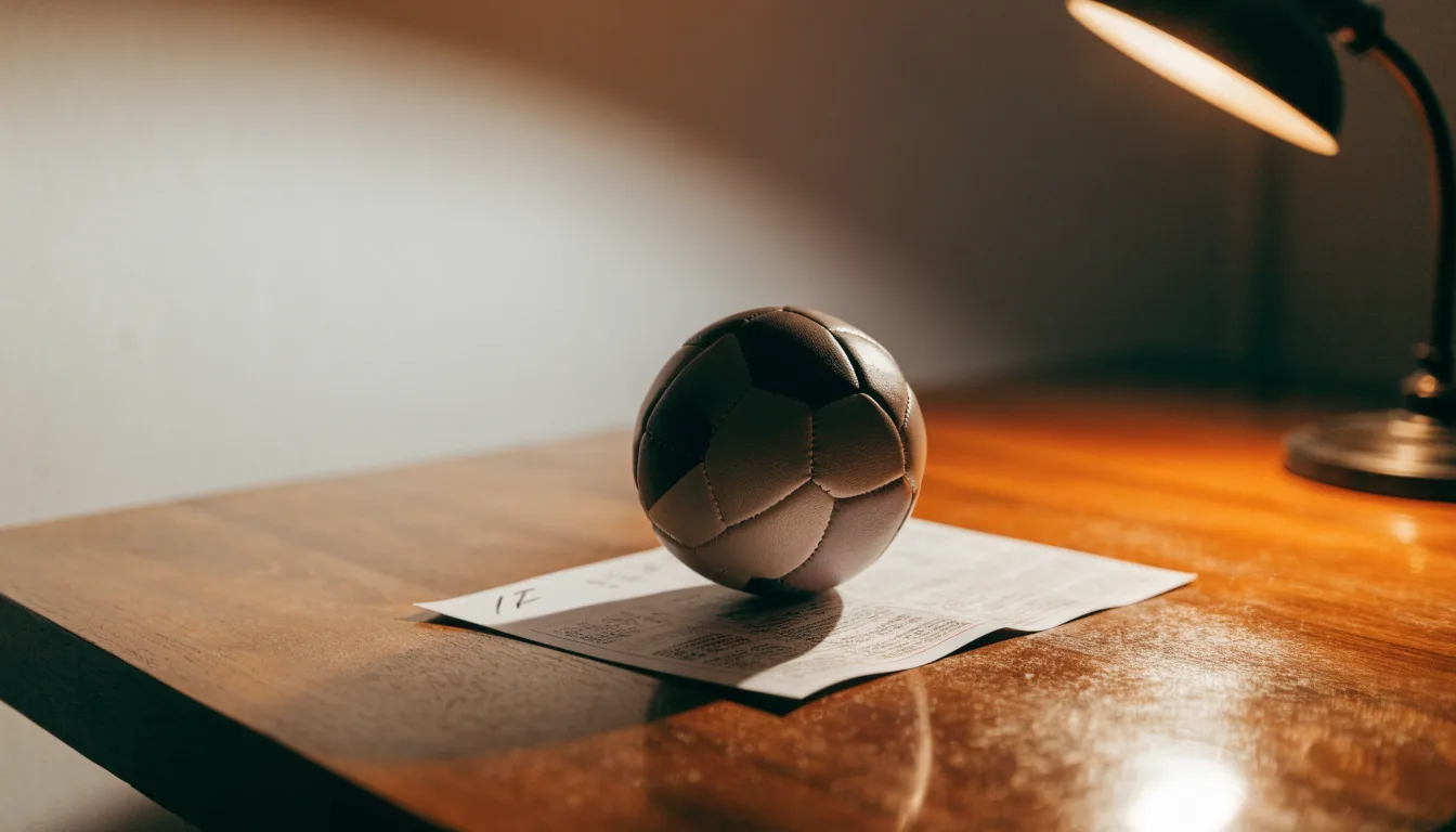 Un pallone da calcio appoggiato su una schedina bianca su un tavolo di legno, alla luce del giorno
