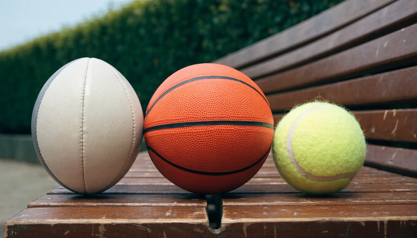 Tre palloni di sport diversi allineati uno accanto all'altro su una panca di legno