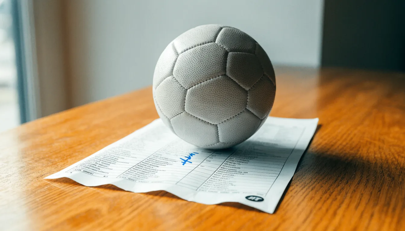 Un pallone da calcio appoggiato su una schedina bianca su un tavolo di legno, alla luce del giorno