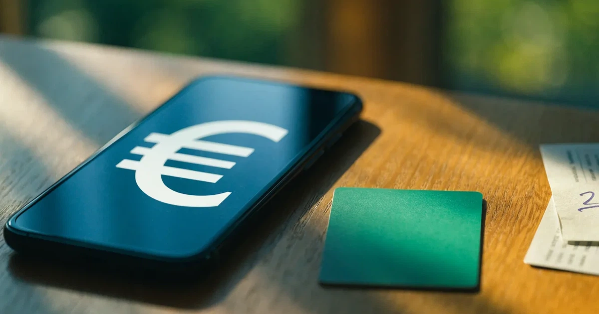 Uno smartphone e una carta di pagamento affiancati su un tavolo di legno, con alcune banconote da euro accanto