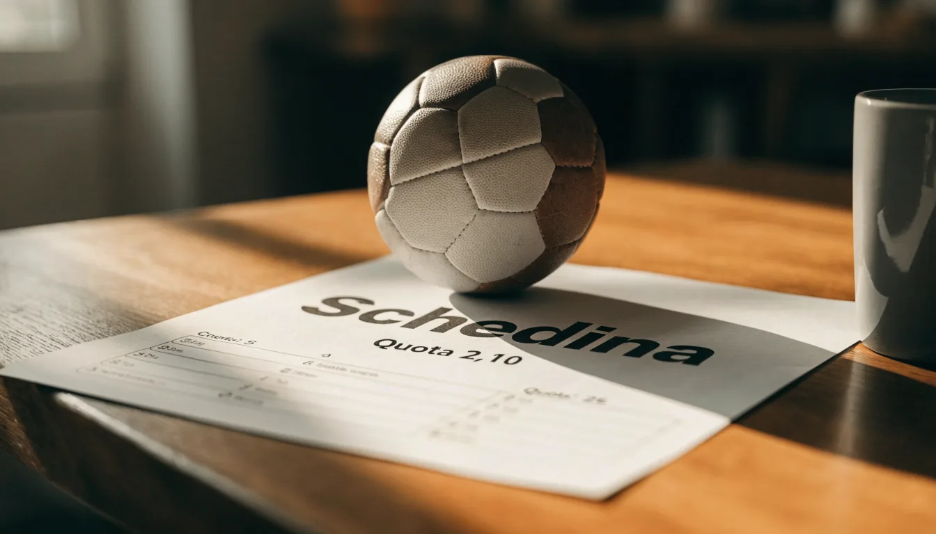 Un pallone da calcio appoggiato su una schedina bianca su un tavolo di legno, alla luce del giorno