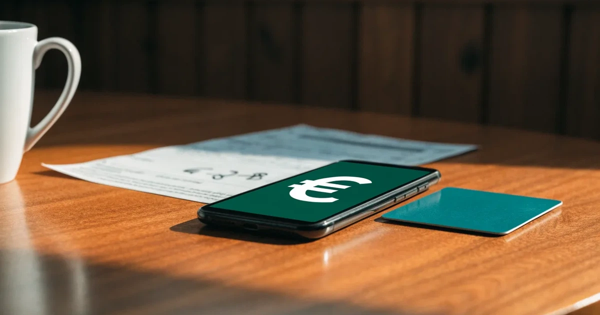 Uno smartphone e una carta di pagamento affiancati su un tavolo di legno, con alcune banconote da euro accanto
