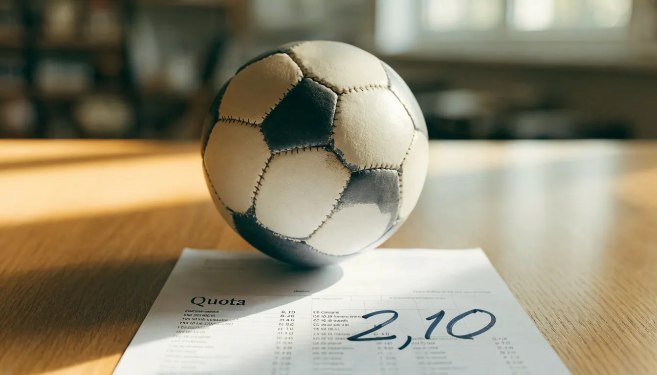 Un pallone da calcio appoggiato su una schedina bianca su un tavolo di legno, alla luce del giorno