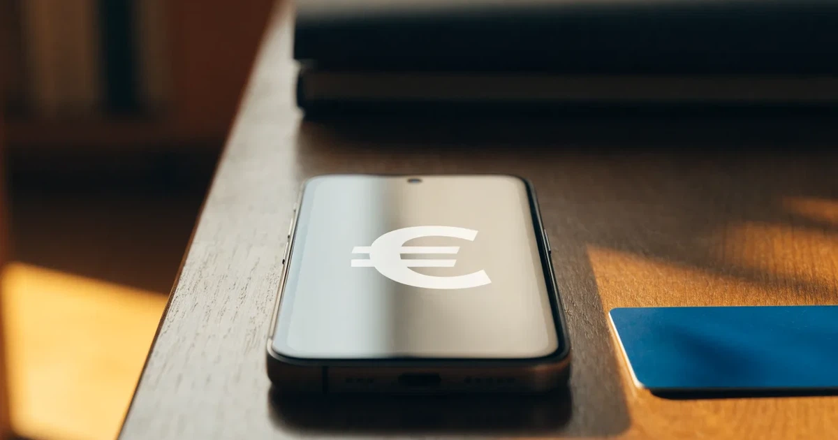 Uno smartphone e una carta di pagamento affiancati su un tavolo di legno, con alcune banconote da euro accanto
