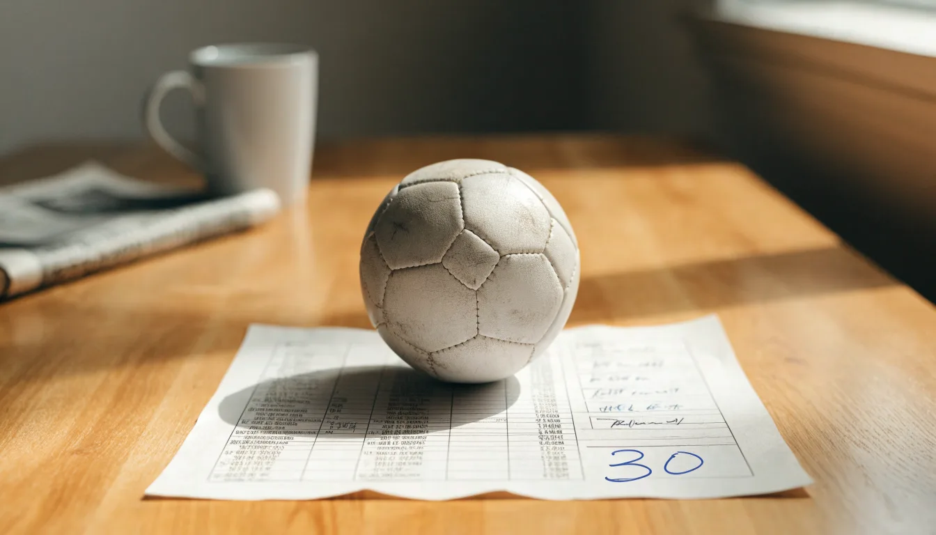 Un pallone da calcio appoggiato su una schedina bianca su un tavolo di legno, alla luce del giorno