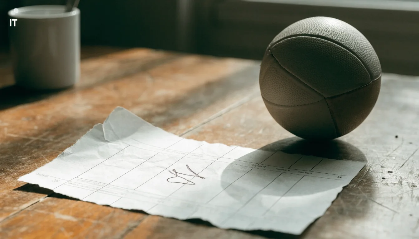 Un pallone da calcio appoggiato su una schedina bianca su un tavolo di legno, alla luce del giorno