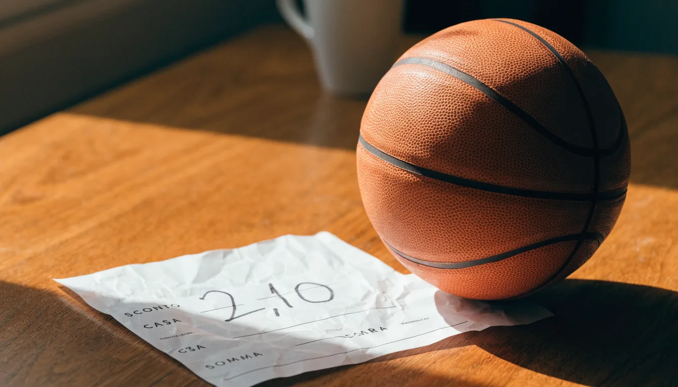 Un pallone da calcio appoggiato su una schedina bianca su un tavolo di legno, alla luce del giorno