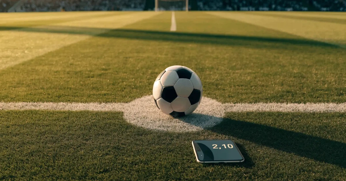Un pallone da calcio sul dischetto del centrocampo di un prato, alla luce del mattino