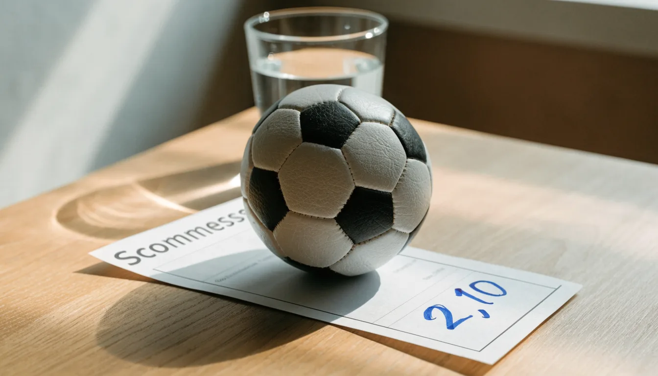 Un pallone da calcio appoggiato su una schedina bianca su un tavolo di legno, alla luce del giorno