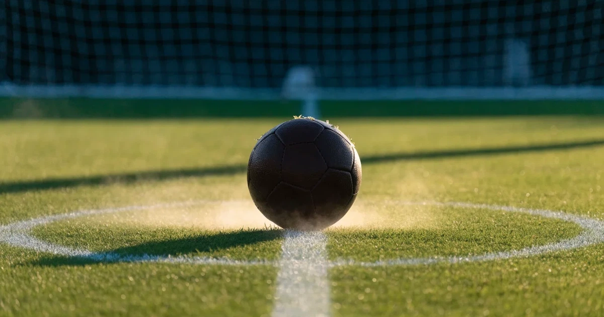 Un pallone da calcio sul dischetto del centrocampo di un prato, alla luce del mattino