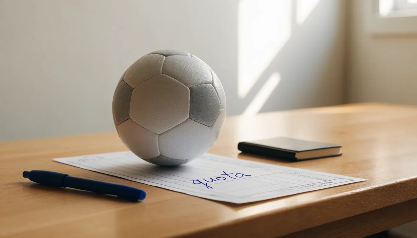 Un pallone da calcio appoggiato su una schedina bianca su un tavolo di legno, alla luce del giorno