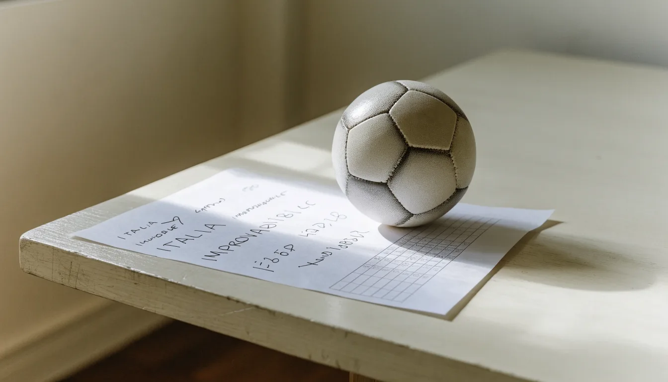 Un pallone da calcio appoggiato su una schedina bianca su un tavolo di legno, alla luce del giorno