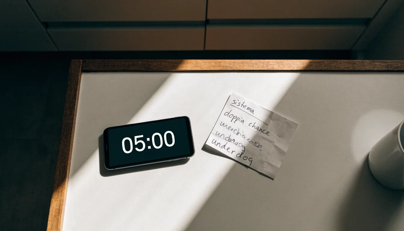 Un documento di identità appoggiato accanto a uno smartphone con un timer sullo schermo, su un tavolo da cucina