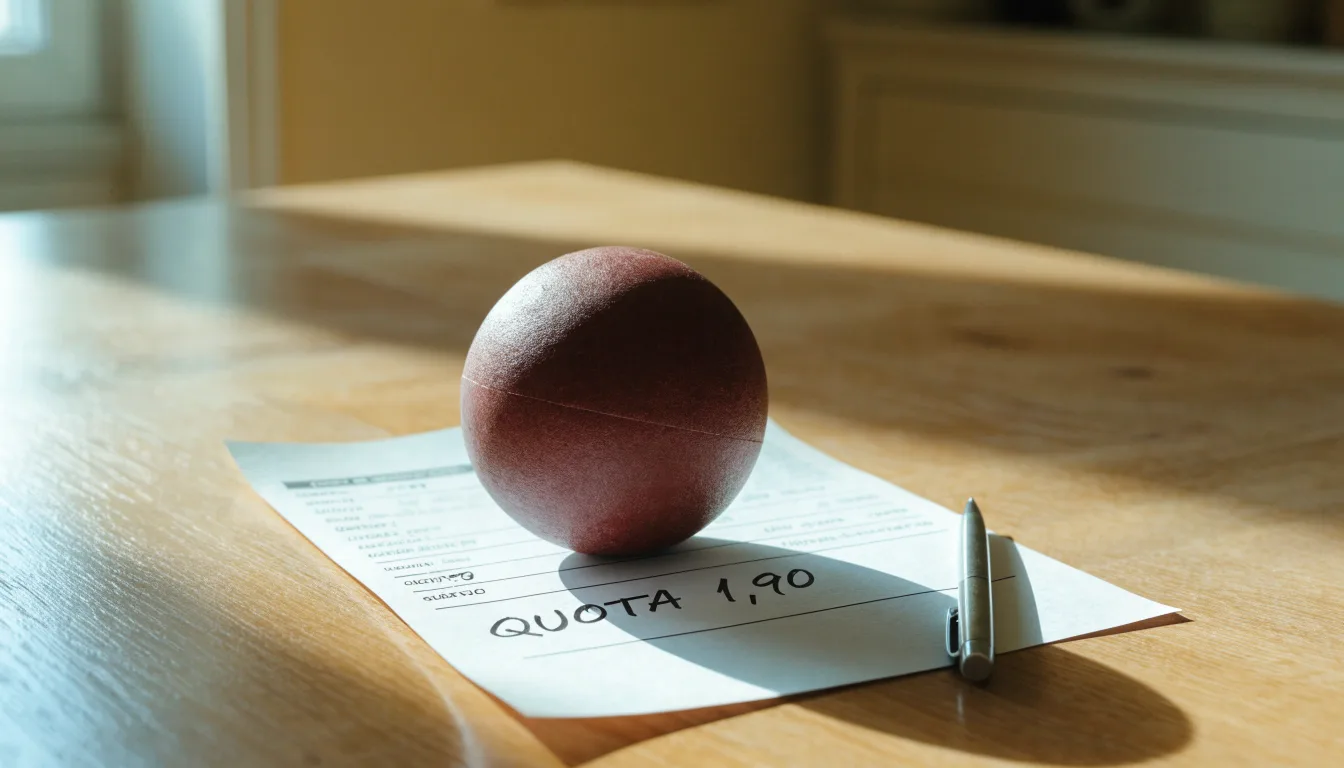 Un pallone da calcio appoggiato su una schedina bianca su un tavolo di legno, alla luce del giorno